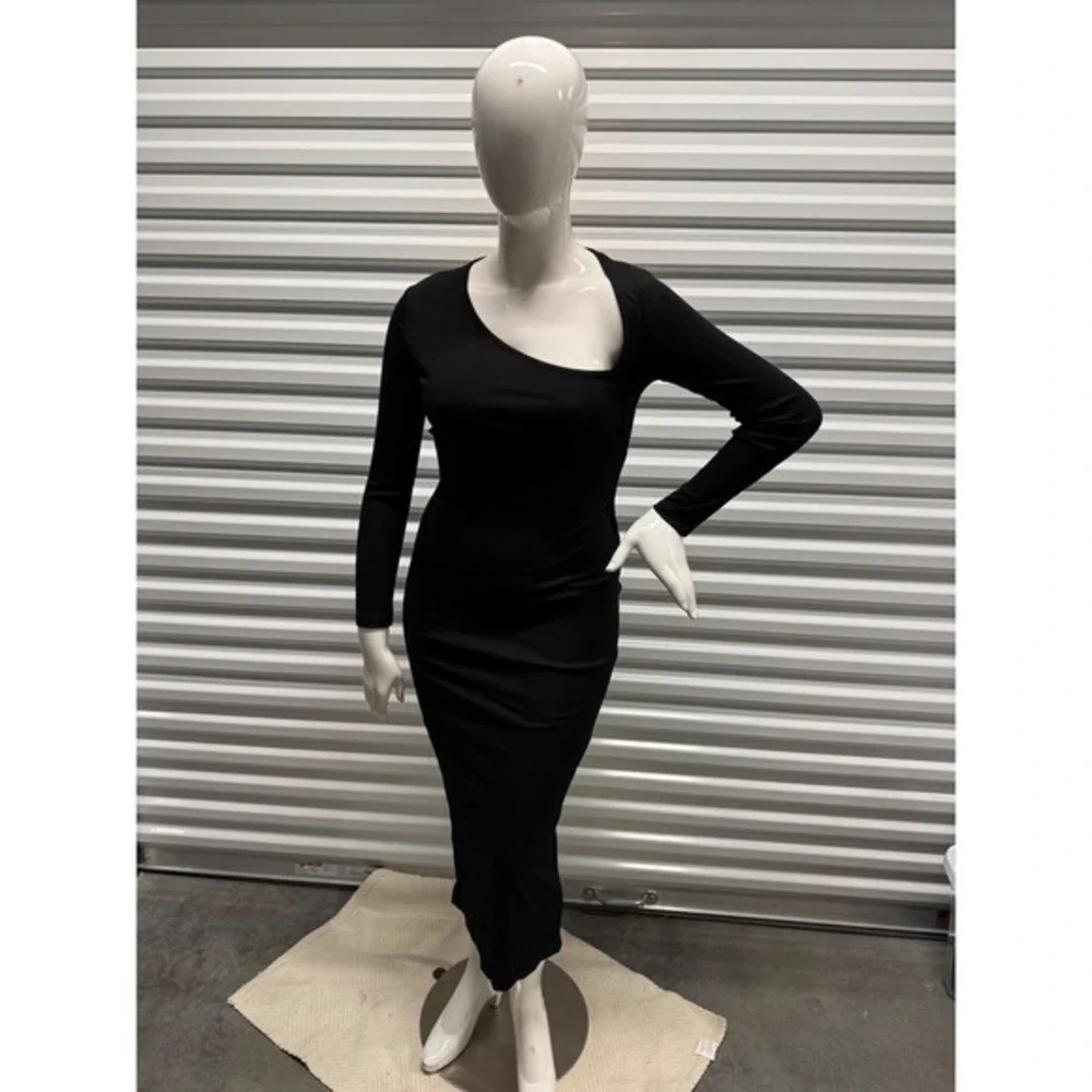Micas‎ Asymmetrical Neck Slit Maxi Dress Black size L
